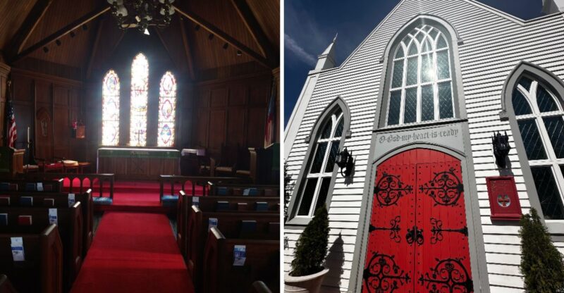 This 1896 North Carolina Mountain Chapel Hides Gothic Beauty Behind Its Bright Red Doors